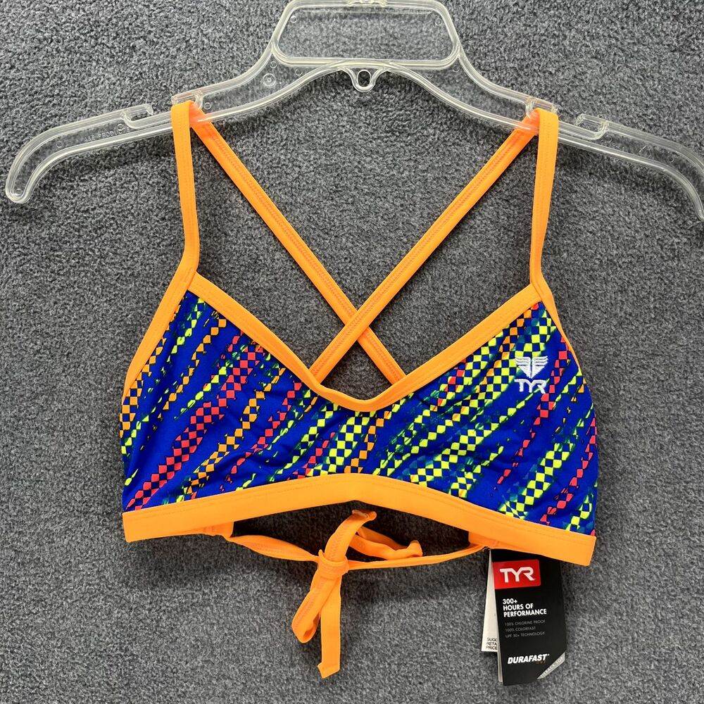 TYR Bikini Top Women Small 4 6 Orange Blue Sassari Crosscut Tie back‎ Swimwear